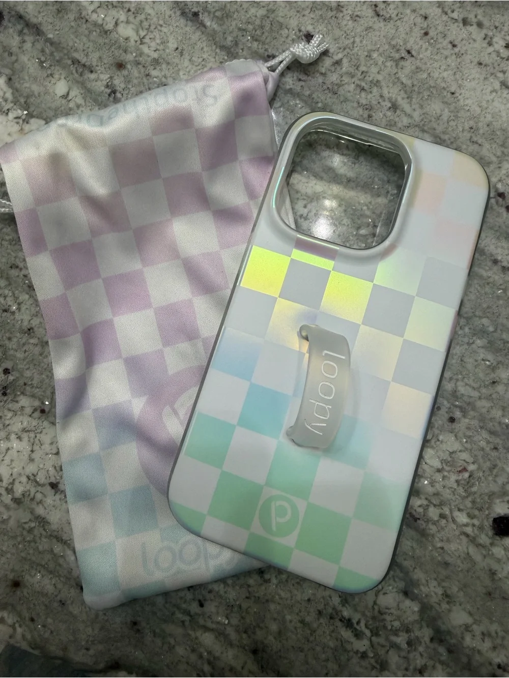 iPhone 14 Pro Case ( 6.1” screen) Loopy Original Pearl Checkered Iridescent